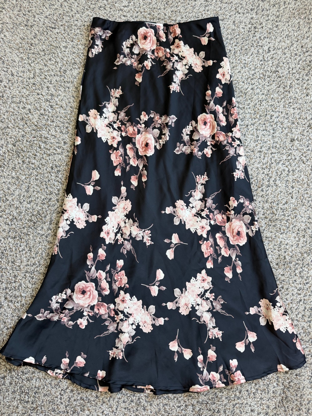 HEATHERLY Black Floral Maxi Skirt with Pink Rose Print S